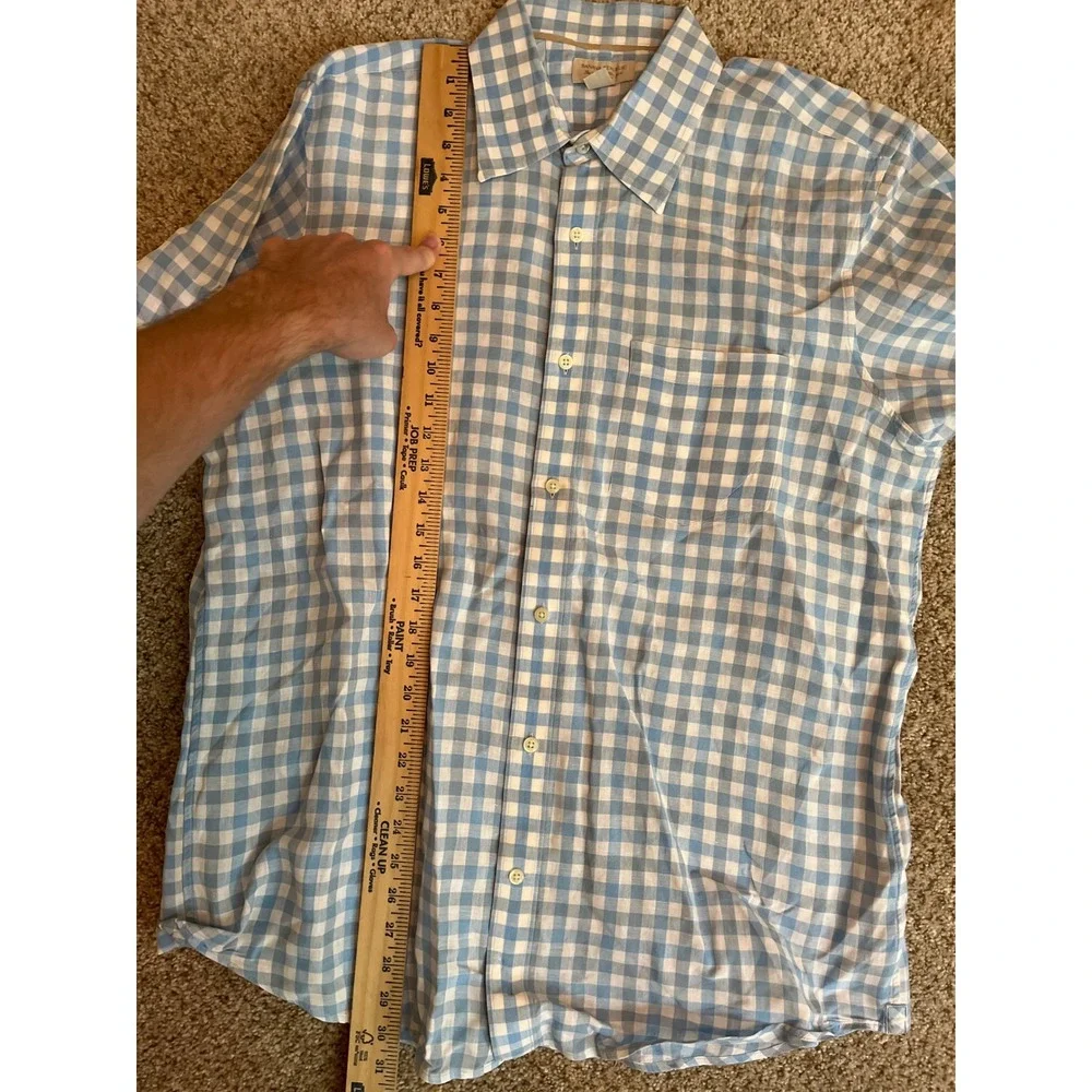 Banana Republic Men's 100% Linen Button Down Shirt Large Blue Gingham Plaid